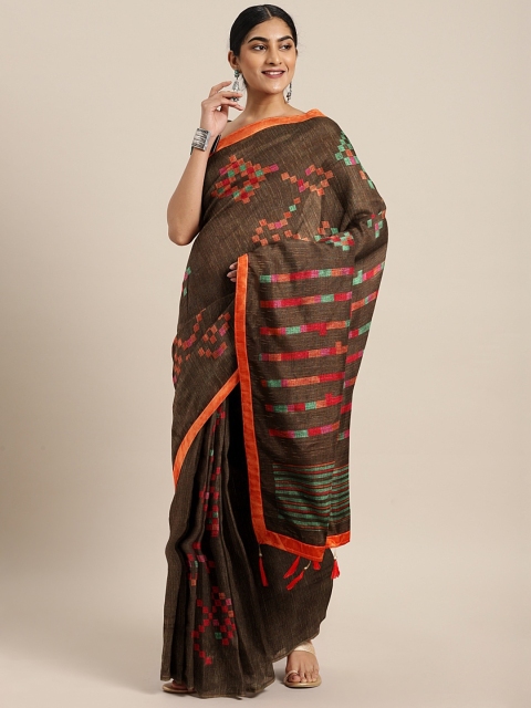 

Triveni Brown & Orange Cotton Blend Printed Saree