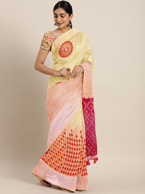

Triveni Yellow & Red Cotton Blend Printed Saree