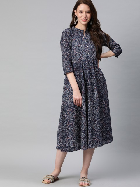 

Swishchick Women Navy Blue & Off-White Printed Fit and Flare Dress