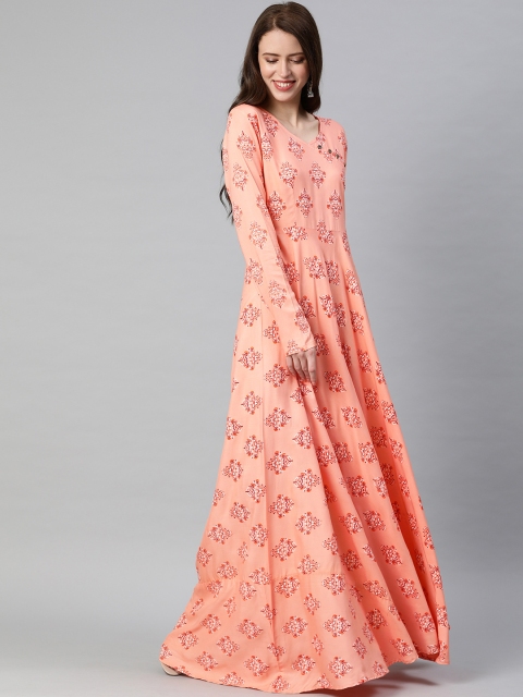 

Swishchick Women Peach-Coloured & Maroon Printed Maxi Dress