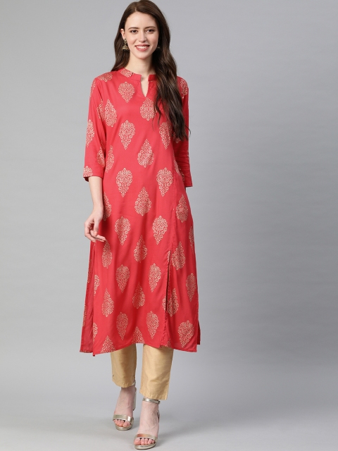 

Swishchick Women Pink & Golden Printed A-Line Kurta