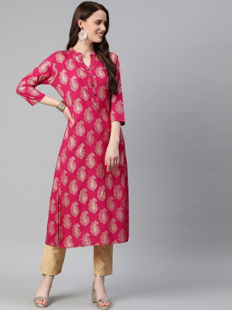 

Swishchick Women Pink & Gold-Toned Printed Straight Kurta