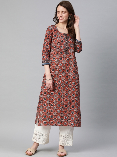 

Swishchick Women Rust Red & Blue Printed Straight Kurta