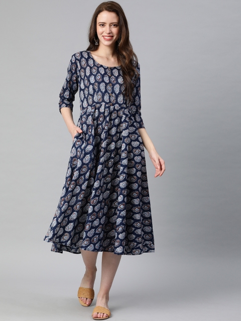 

Swishchick Women Navy Blue & White Printed Fit and Flare Dress