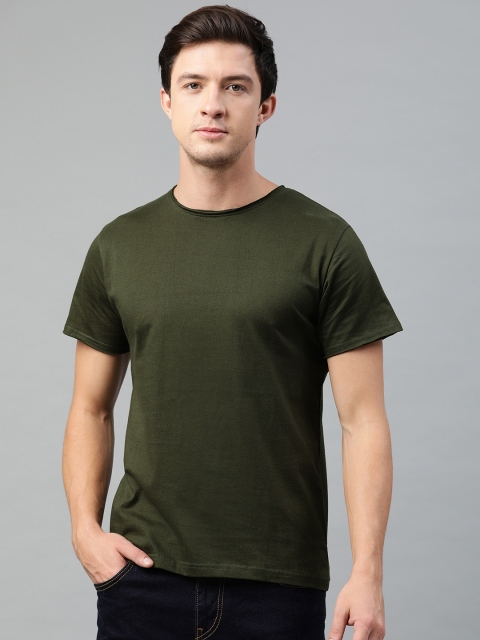 

Kryptic Men Olive Green Solid Raw Edge Finish Round Neck T-shirt