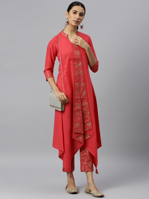 

Khushal K Women Coral Red Printed Kurta with Trousers