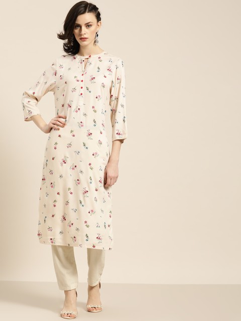 

Moda Rapido Women Cream-Coloured & Pink Floral Printed Straight Kurta