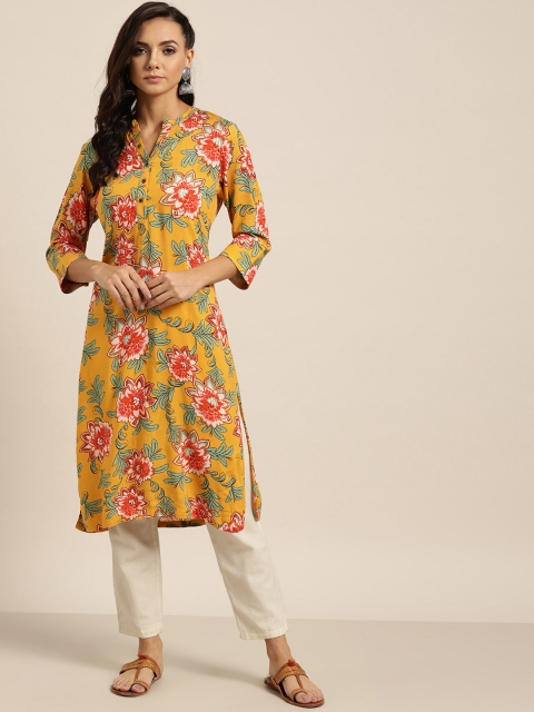 

Moda Rapido Women Mustard Yellow & Orange Floral Print Straight Kurta