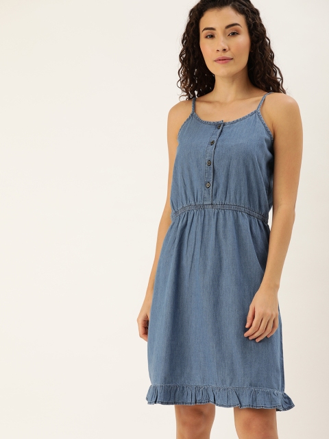 

DressBerry Women Blue Solid Fit and Flare Chambray Dress