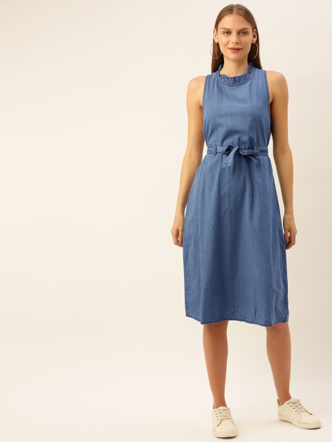 

DressBerry Women Blue Solid Fit and Flare Denim Dress