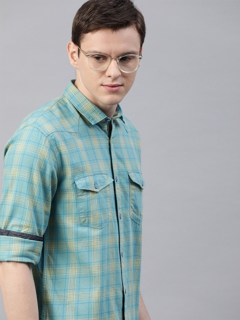 

Louis Philippe Jeans Men Blue & Yellow Super Slim Fit Checked Casual Shirt