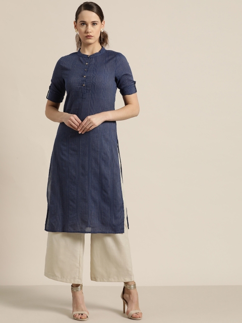 

Moda Rapido Women Navy Blue & Grey Striped Straight Kurta