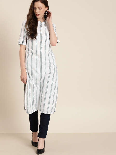 

Moda Rapido Women White & Black Woven Design Striped Straight Kurta