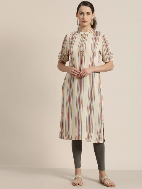 

Moda Rapido Women Beige & Red Striped Straight Kurta