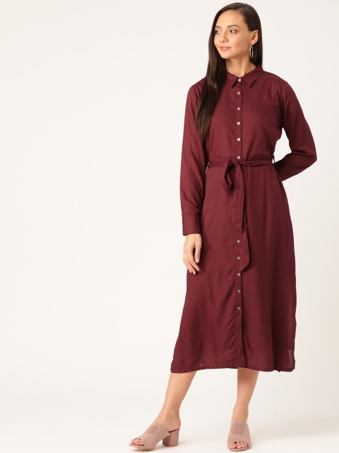 

Moda Rapido Women Burgundy Solid Shirt Dress With Belt