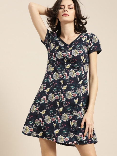 

Moda Rapido Women Navy Blue & Yellow Printed A-Line Dress