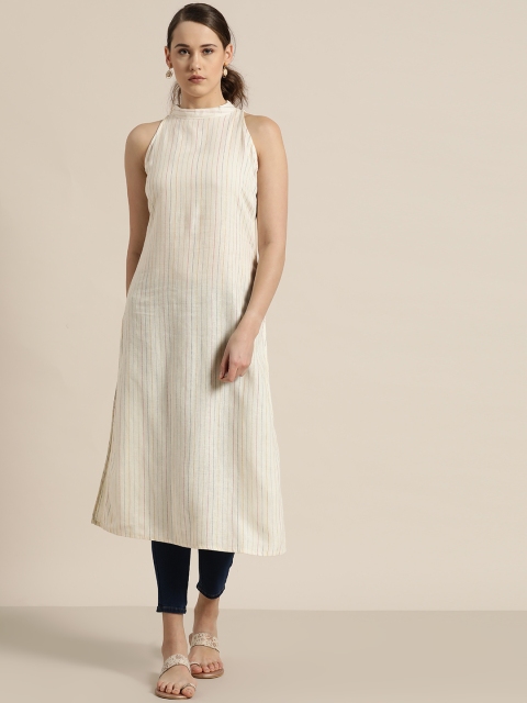 

Moda Rapido Women Off-White & Blue Striped Straight Kurta
