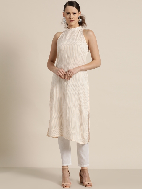 

Moda Rapido Women White & Orange Striped Straight Kurta