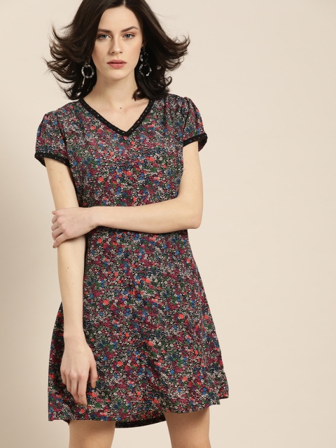 

Moda Rapido Women Black & Magenta Printed A-Line Dress