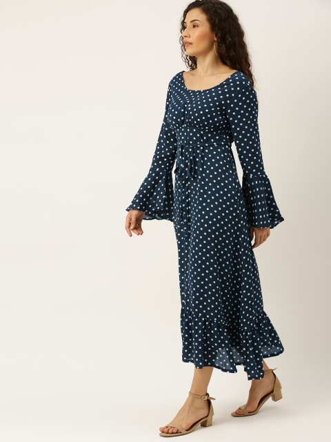 

Moda Rapido Women Navy Blue & White Polka Dots Printed A-Line Dress with Bell Sleeves