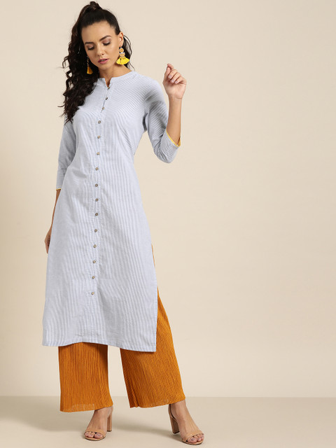 

Moda Rapido Women White & Blue Striped Straight Kurta