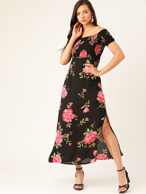 

Moda Rapido Women Black & Pink Floral Print Off-Shoulder Maxi Dress