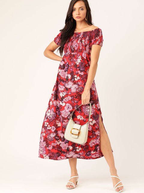 

Moda Rapido Women Red & Lavender Floral Print Off-Shoulder Maxi Dress