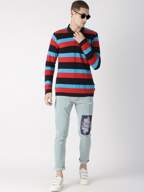 

Blue Saint Men Red Striped Polo Collar T-shirt