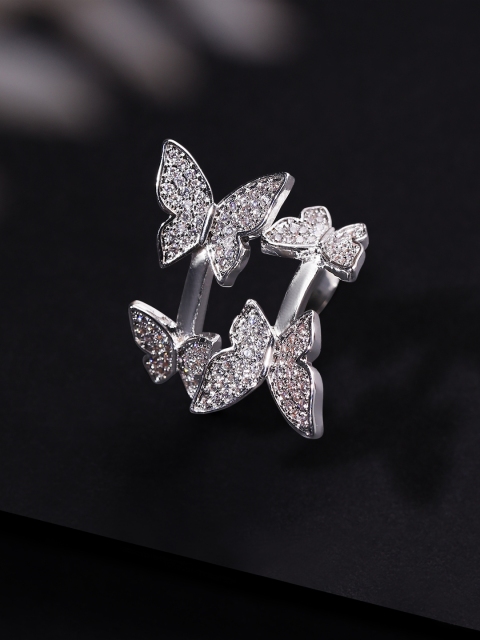 

Rubans Silver-Toned & White CZ-Studded Adjustable Finger Ring