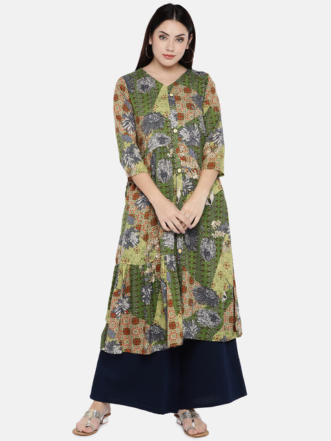 

shiloh Women Green & Grey Printed Straight Kurta