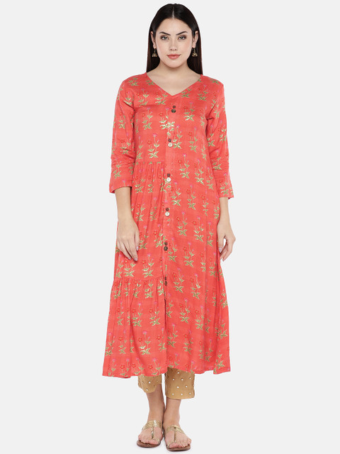

shiloh Women Coral Orange Floral Print A-Line Kurta