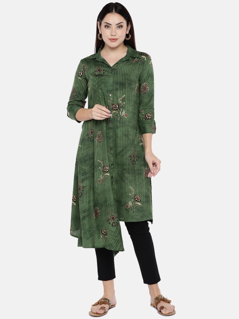 

shiloh Women Olive Green Printed Straight Asymmetric Kurta