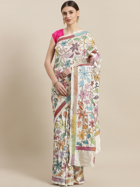 

Laa Calcutta White & Pink Kantha Work Saree