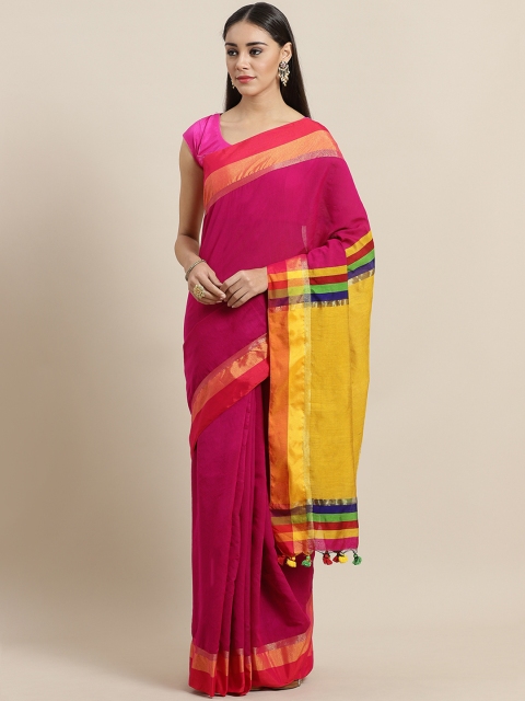 

Laa Calcutta Magenta & Mustard Yellow Handloom Solid Saree