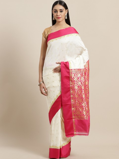 

Laa Calcutta Off-White & Pink Woven Design Handloom Kanjeevaram Saree