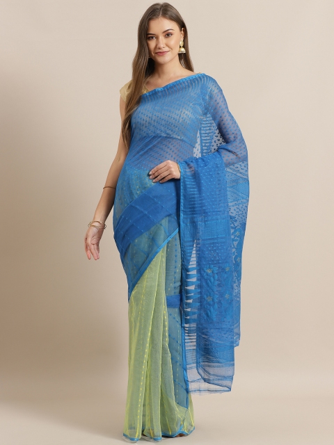 

Laa Calcutta Blue & Green Woven Design Half & Half Dhakai Jamdani Saree