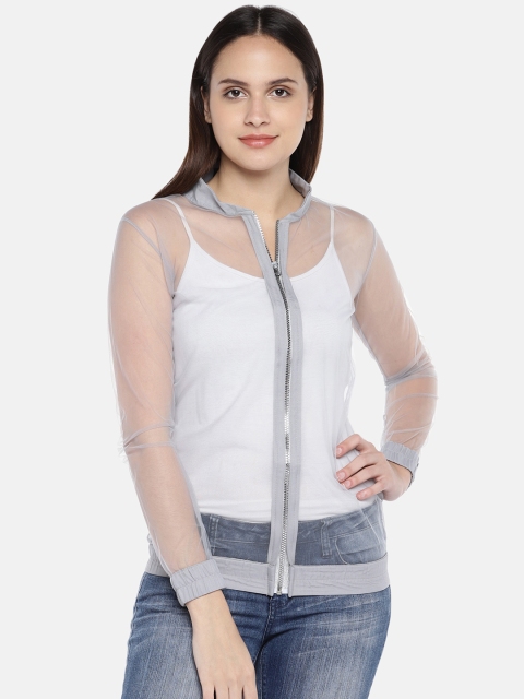 

Amaarzo Women Grey Solid Open Front Sheer Shrug