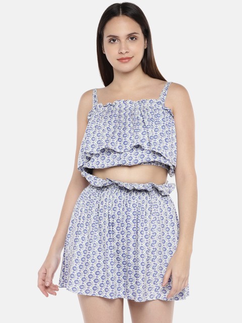 

Amaarzo Women White & Blue Printed Top with Skirt