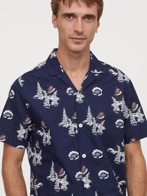 

H&M Men Navy Blue Patterned Resort Shirt