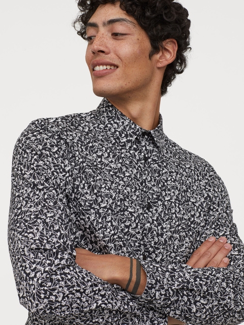 

H&M Men Black & White Stretch Shirt Slim fit