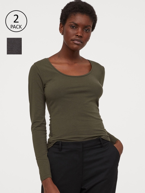 

H&M Women 2-Pack Jersey Sustainable Tops, Green