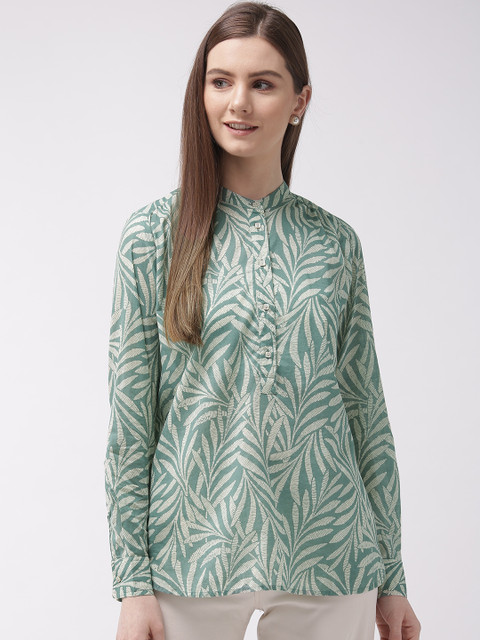

Marks & Spencer Women Green & Off-White Tropical Print Shirt Style Pure Cotton Top