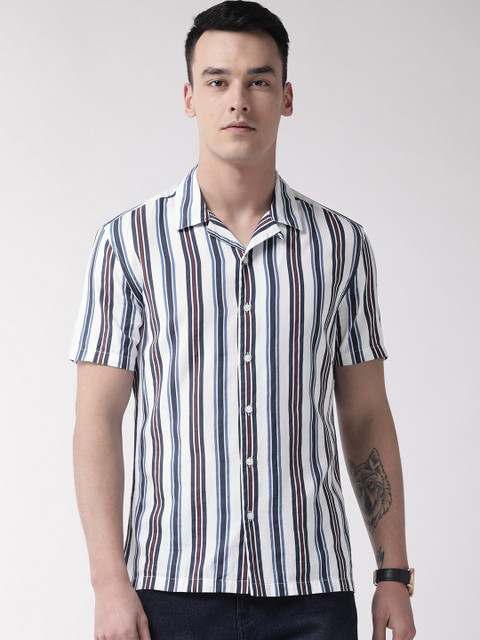 

Marks & Spencer Men White & Blue Regular Fit Striped Casual Shirt
