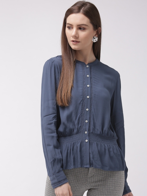 

Marks & Spencer Women Blue Solid Smocked Cinched Waist Top