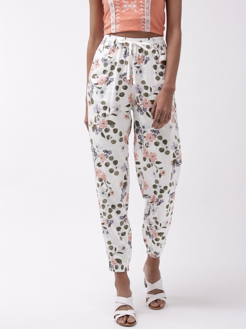 

Marks & Spencer Women White & Purple Tapered Fit Printed Joggers