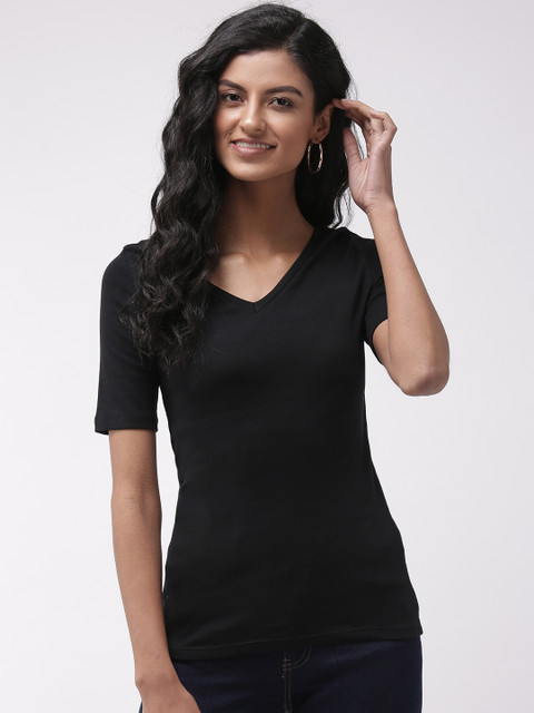 

Marks & Spencer Women Black Solid V-Neck T-shirt