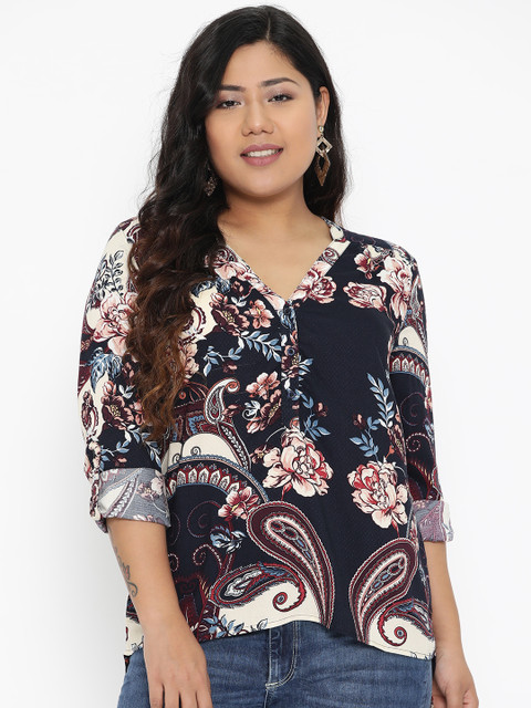 

The Pink Moon Plus Size Women Blue Beige Floral Printed High-Low Top