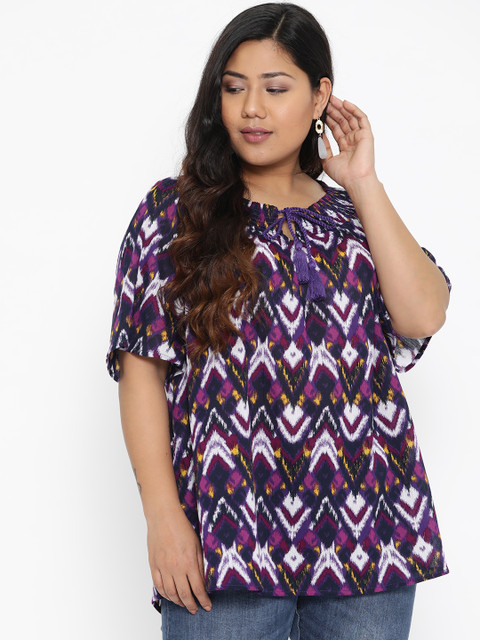 

The Pink Moon Plus Size Women Purple White Printed Pure Cotton Top