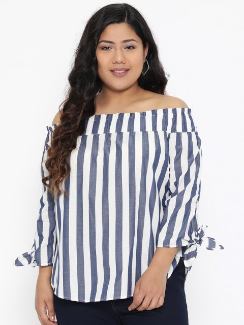 

The Pink Moon Plus Size Women Navy Blue White Striped Bardot Top