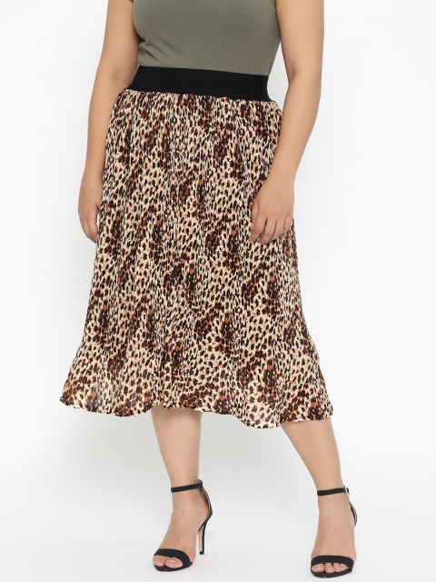

The Pink Moon Plus Size Women Beige Brown Animal Print Accordion Pleated A-Line Skirt